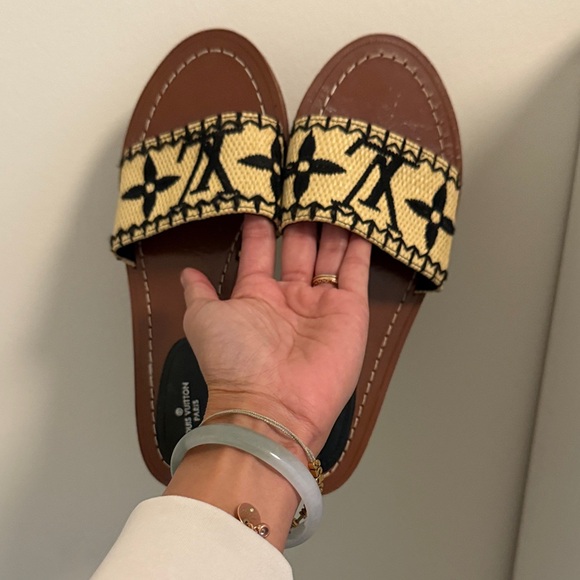 Louis Vuitton Shoes - Louis Vuitton Beige & Black Monogram Slide Sandals